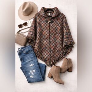 Marc New York Multicolor Tweed Plaid Fringe Poncho | One Size